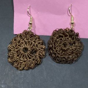 Earrings Brown Starburst Circle Crocheted Crochet Hand Crafted